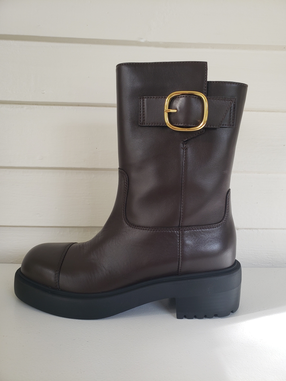 Giuseppe Zanotti Women's Brown Leather Mid-Calf Boot with Gold Buckle Size 6.5